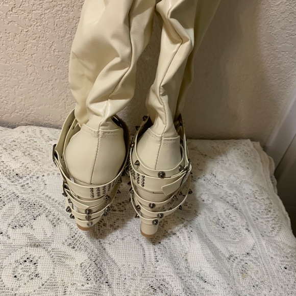 Cream Strap Tall Boots with Rhinestones - Picture 3 of 3